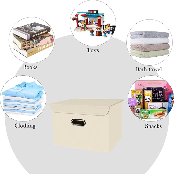 1-Pack Large Collapsible Storage Bins with Lids,Fabric Storage Cubes Organizer for Shelves,Closet,Nursery,Foldable Cube Storage Baskets with Handles,Home Boxes (14.9"x9.8",Creamy-White)