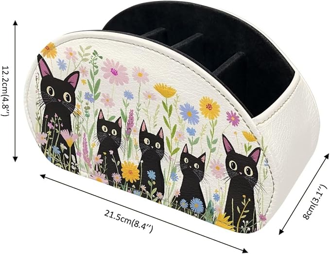 Cartoon Black Cat Floral Print Remote Control Holder with 5 Compartments, Office Desk Organizers - TV Stand Decor/Bedside Table Accessory Remote Caddy, Storage for Jewelry/Glasses-NeatNest