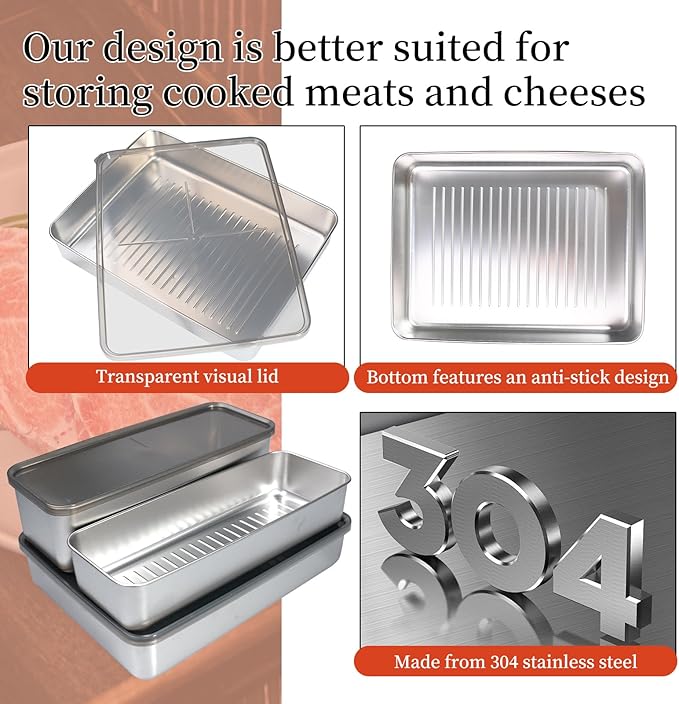 10 Pack Bacon Cheese Meat Storage Container Stainless Steel Airtight Storage Container Kitchen Food Storage Containers Fruit Tray with Lids Stackable Fridge Organizer Bins for Fruit Vegetable Food