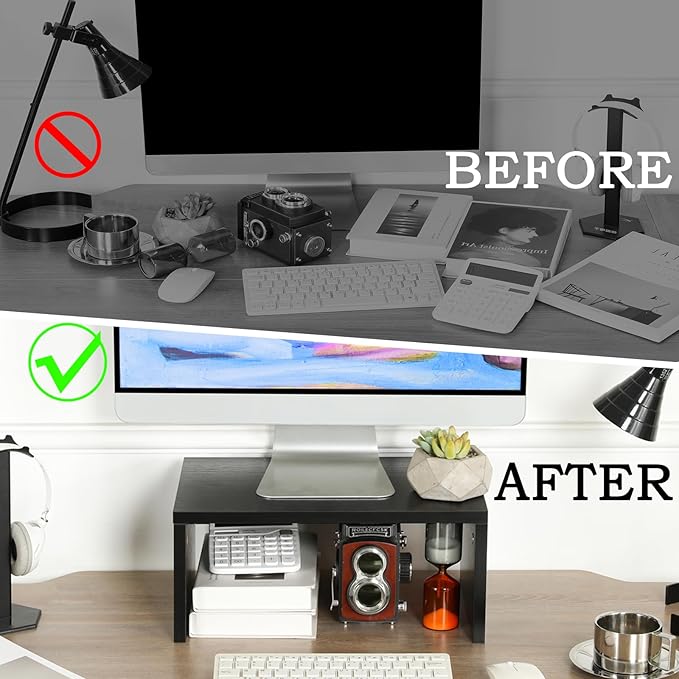 TEAMIX 14.2 inch Monitor Stand Riser, Wood Monitor Riser with Storage for Desk Small Monitor Stand TV/Screen/PC/Laptop Riser Computer Stand Desktop Shelf (Black-Higher)-NeatNest