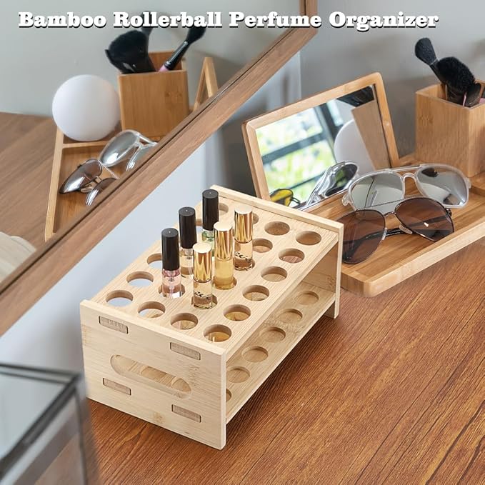 ELLDOO Rollerball Perfume Organizer, 24 Spaces Bamboo Perfume Storage Holder Beauty Scent Holder with Handle, Makeup Lipgloss Lipstick Display Case-NeatNest