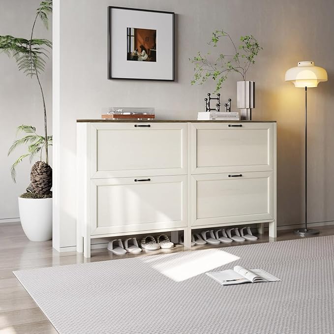 Shoe Cabinet with 4 Flip Drawers, Narrow Shoe Storage Cabinet, Freestanding Shoe Cabinet Organizer, Hidden Shoe Rack Cabinet for Entryway, Hallway (4-Drawers, Off White-Brown)-NeatNest