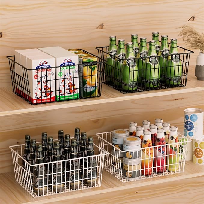 SANNO Large Freezer Baskets Metal Storage Organizer Bin Basket Wire Storage Basket for Kitchen Pantry Bathroom Large Metal Farmhouse Food Fruit Produce Organizer Bins,black,8