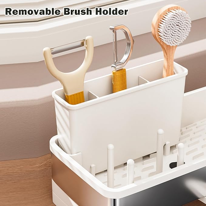 Sponge Holder for Kitchen Sink,Sink Caddy Organizer with Removable Brush Holder,Kitchen Countertop Soap Dispenser Storage with Detachable Towel Rack,White-NeatNest