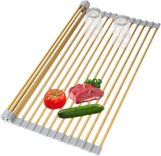 Extra Large Golden Roll-UP Dish Drying Rack-Stainless Steel Dish Drainer Over The Sink for Kitchen Countertop,Applicable for Sink Width Less Than 19in (Gold,20.5'x 13.2')