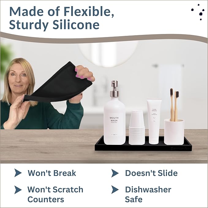 Countertop and Vanity Tray - 11.7" Silicone Bathroom Tray Countertop, Dish Soap Trays for Kitchen Counter, Sink Organizer Caddy Accessories, Toilet Laundry Shower Oil Makeup Mat, Black-NeatNest