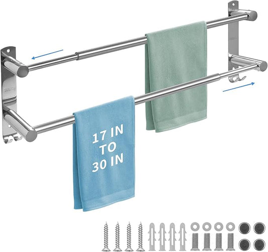Towel Racks for Bathroom, 17-28In Adjustable Towel Bar，Stainless Steel Towel Rack, Towel Holder for Bathroom Wall, Double Towel Bar Bathroom, Adjustable Towel Tacks for Bathroom