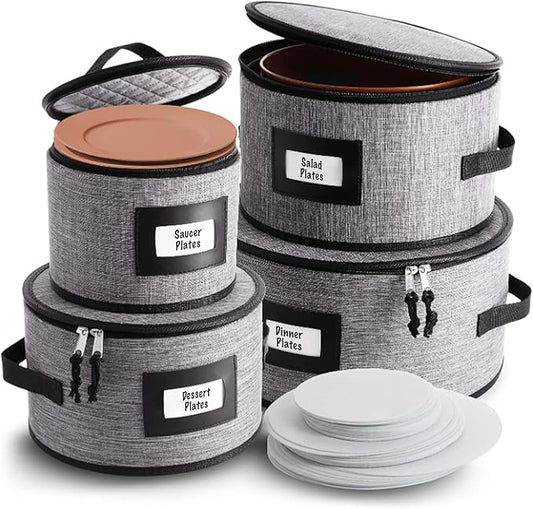Fine China Storage Containers Hard Shell, 4 Piece Dish Storage Containers, Quilted Plate Containers, Stackable Dish Organizer with Dividers, Dinnerware Storage for Moving and Seasonal Storage, Grey-NeatNest