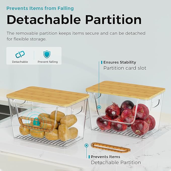 4 Set Kitchen Pantry Organizers and Storage,Potato Onion Storage Bin,Clear Open Front More Easy Access with Bamboo Top,Stackable Storage Fruit Vegetable Basket for Kitchen Counter-NeatNest