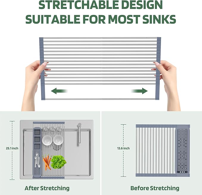 BBXTYLY Expandable Roll Up Dish Drying Rack,Over The Sink Drying Rack Kitchen Sink Accessories Rolling up Stainless Steel Drainer, Foldable with Removable Utensil Holder(Gray Expandable Width Size)