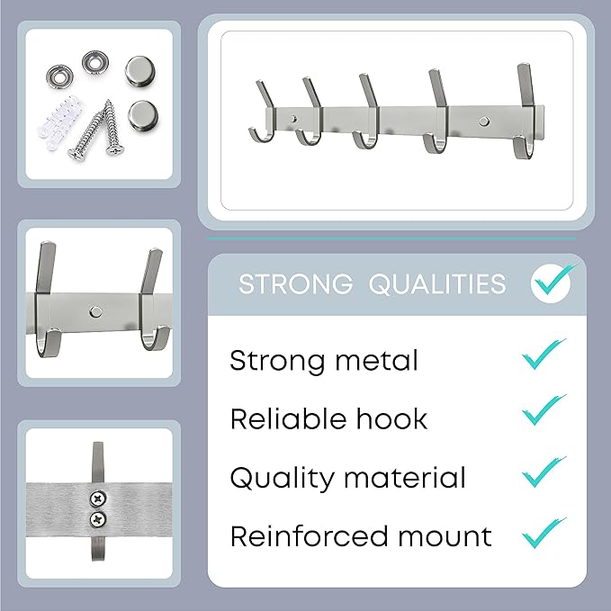 Coat Rack Wall Mount – Brushed Nickel 15 Inch Stainless Steel Hook Rail with 5 Heavy Duty Double Coat Hooks – Wall Mounted Coat Hanger for Entryway, Bathroom, Bedroom, Towel, Hat Organizer-NeatNest