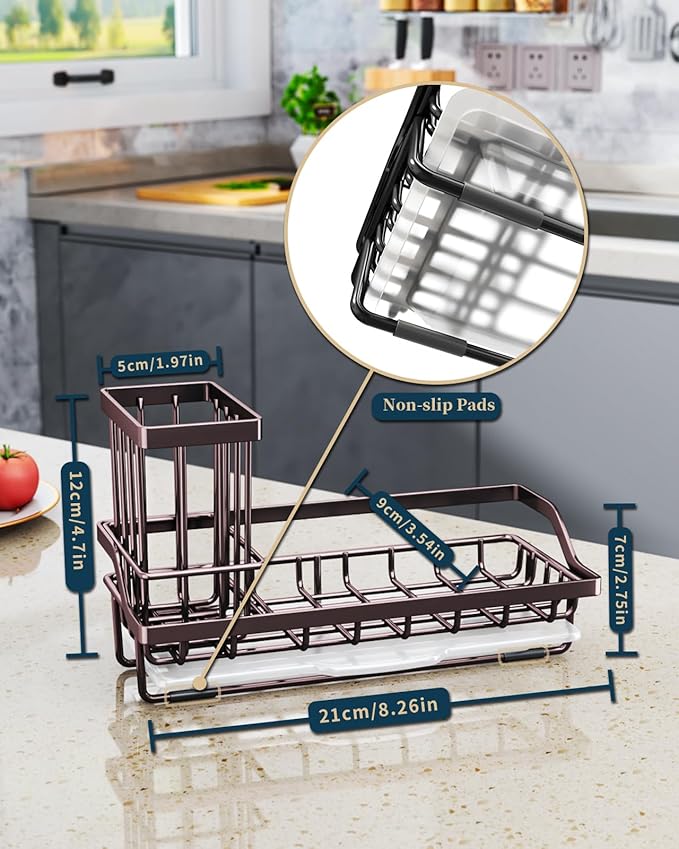 Consumest Sink Caddy Kitchen Organizer, Sponge Holder for Kitchen Sink with Removable Drip Tray for Countertop Dish Soap Holder Dispenser Brush Holder, 304 Stainless Steel - Bronze-NeatNest