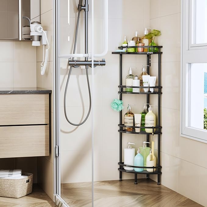 HapiRm Standing Corner Shower Caddy - 4 Tier Shower Organizer Corner with Soap Holder and 4 Hooks, Rustproof Bathroom Storage Shelves with Adhesives, Black