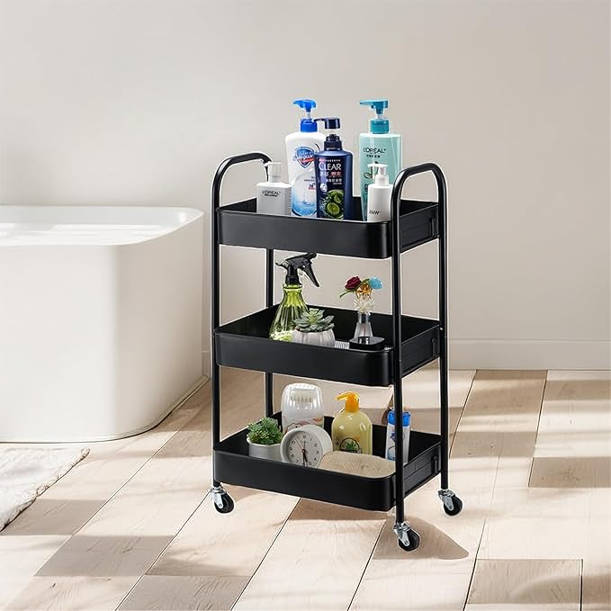 SETTFRFE 3 Tier Rolling Cart Metal,File and Art Cart with Wheels,Storage Shelf Organizer Cart for Bathroom,Office,Kitchen,Black-NeatNest