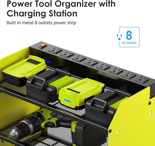 CCCEI Modular Power Tool Organizer Wall Mount Charging Station, Green 6 Drills Holder with 8 Plug Power Strip 10FT, Garage Drill Battery Heavy Duty Metal Shelf, Utility Rack with Hooks, Side Storage.-NeatNest
