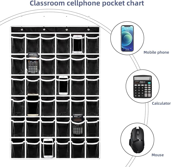 36 Clear Pockets Classroom Pocket Chart for Cell Phones,Pocket Chart Organizer for Calculator Holder with 36 Number Sticker Classroom Hanging Cell Phones Organizer (Black)-NeatNest