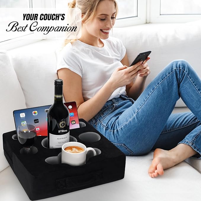 STBoo Couch Cup Holder Pillow Tray - Sofa Drink Cup Holder Cozy Buddy | Bed Caddy Organizer for Remote, Snacks Beverage, Phones, Tablet | Use it on Car, Pack, Beach, RV, Boat, Bedroom (Black)-NeatNest