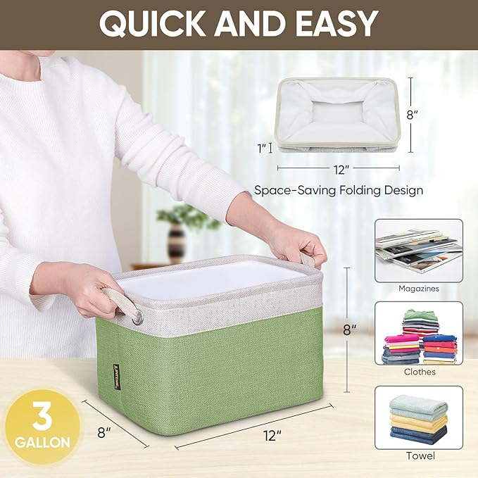 BALEINE 1 Pack Fabric Storage Bins for Shelves, Linen Storage Baskets for Organizing, Decorative Closet Bins for Clothes, Home (Green, 12"x8"x8")-NeatNest