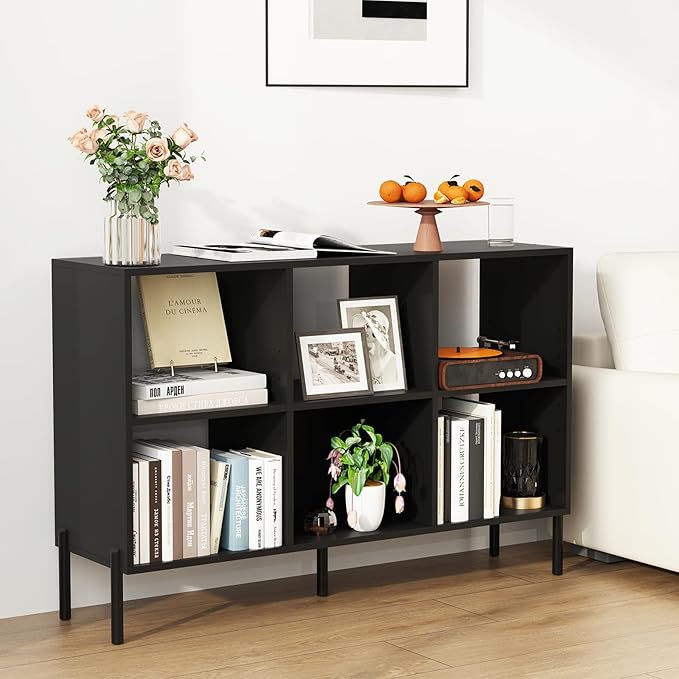 6 Cube Bookcase, Wood Storage Organizer with 5 Metal Legs, Bookshelf with Storage, Cubical Storage Shelf, Wooden Book Shelf, Display Shelves for Bedroom, Living Room, Entryway (Black)