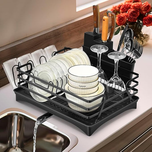 Dish Rack with Drain Board, Rustproof Dish Drying Rack for Kitchen Counter with Removable Utensils Holder, Dish Drainer with 360 Degree Swivel Spout