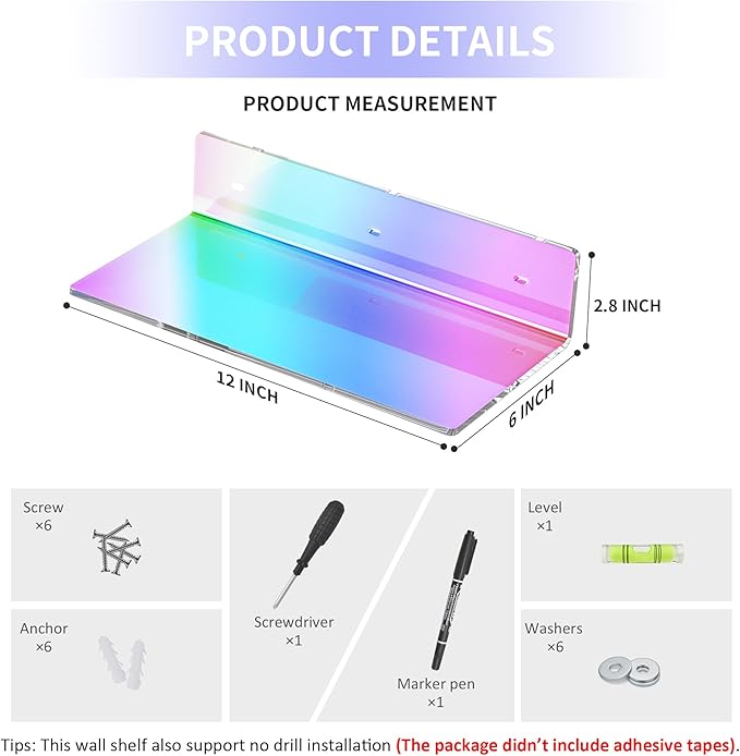 12 Inches Iridescent Acrylic Wall Shelves Set of 2, White Floating Shelf, Wall Mounted Shelves for Funko Pop Shelves, Smart Speaker, Plants, Picture Frame, Digital Clock, 2 Pack-NeatNest