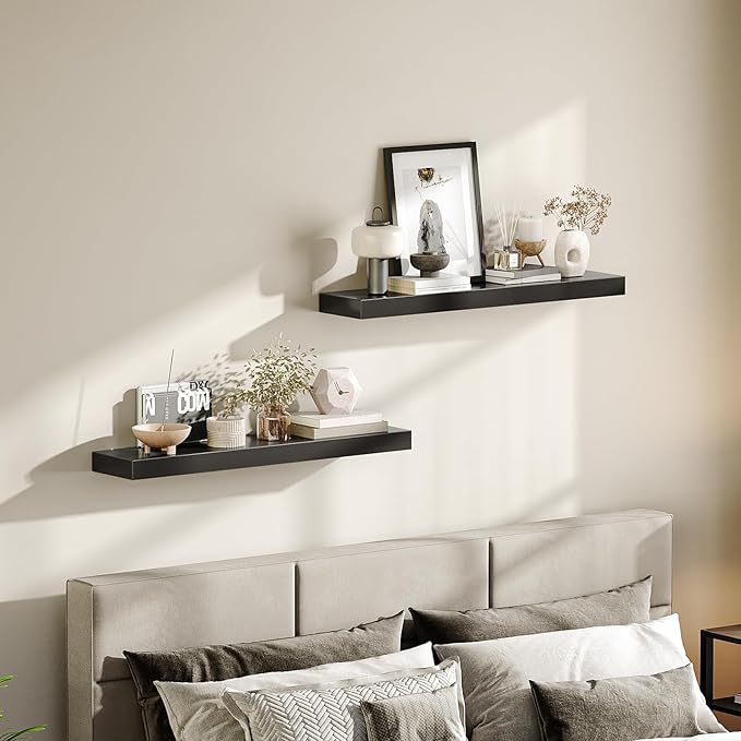 HOOBRO Floating Shelves for Wall, Wall Mounted Shelf Set of 2, 31.5" Hanging Shelf with Invisible Brackets, for Wall in Bathroom, Bedroom, Toilet, Kitchen, Living Room, Office, Black BK80BJP201-NeatNest