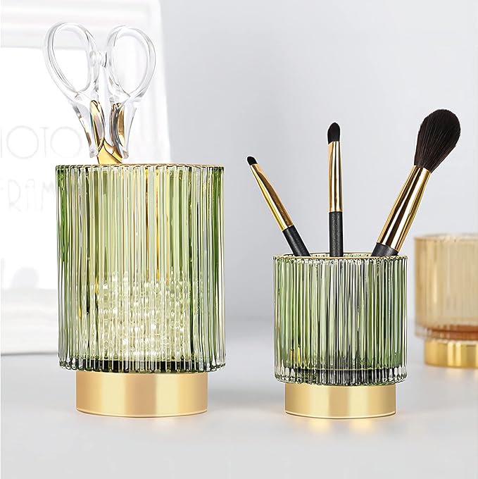 DASITON Makeup Brush holder Organizer, Crystal Cosmetic Makeup Brush Glass Brushes Storage Holder, Vintage Make Up Brush Cup Pen Pencil Holder striped vase(Green S+L)-NeatNest