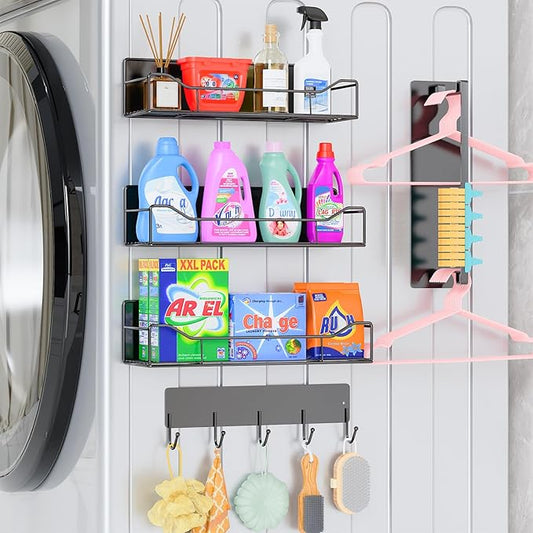 5 Pack Multifunctional Magnetic Shelves for Washing Machine & Refrigerator - Heavy Duty Laundry Room Organization System with Tool Hooks, Metal Storage Baskets (Black)