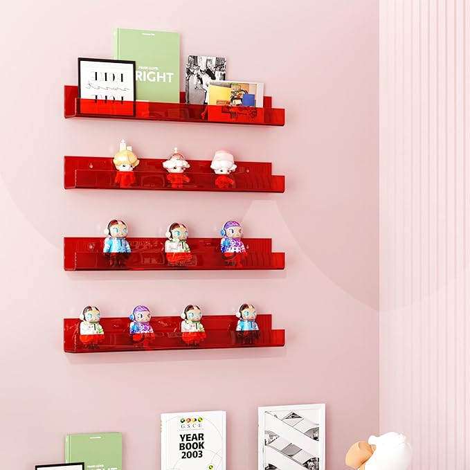 4 Pack Acrylic Shelves for Wall Storage,15" Floating Bookshelves for Kids, Display Shelf for Bathroom, Bedroom,Decor, Red
