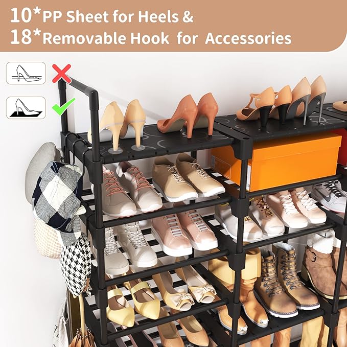 ROJASOP Large Shoe Rack Organizer for Entryway Closet 64-68 Pairs 9-Tier Heavy Duty Tall Garage Shoe Rack Shoe Shelf Shoes Storage with 18 Pcs Removable Side Hooks for Bedroom and Garage Black-NeatNest