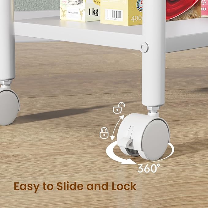 Slim Storage Cart, 4 Tier Small Rolling Bathroom cart Metal and Wood Skinny Utility Cart on Wheels for Narrow Kitchen Laundry Room White