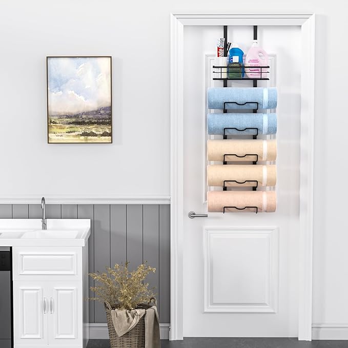 6-Tier Over The Door Towel Rack,Towel Racks for Bathroom, Metal Towel Holder with Storage Basket,Towel Storage for Small Bathroom,Towel Rack for Rolled Towels,Black, TM-6B