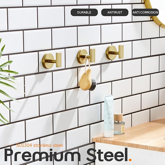 Robe Hook Bath Towel Hooks Stainless Steel Wall Hooks for Bathroom Kitchen Closet Garage Door Hanger Brushed Gold 3 Pack, AN1001GD-P3