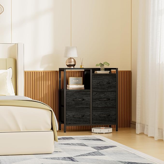 Furnulem 5 Drawer Black Dressers for Bedroom 2 Tier Shelf Storage Small Fabric Dresser for Closet Sturdy Metal Frame Modern Style Storage Cabinets Organization Units for Hallway Rooms-NeatNest
