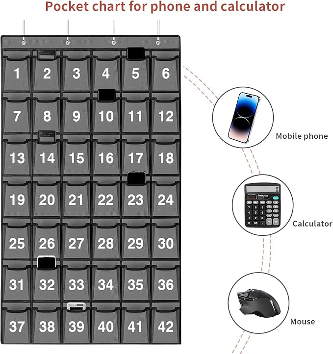 42 Pockets Numbered Classroom Pocket Chart for Cell Phones, Hanging Pocket Chart Storage for Classroom Phone Calculator Holder with 4 Hooks and 42 Clear Numbers Printing (Grey-42pockets)-NeatNest