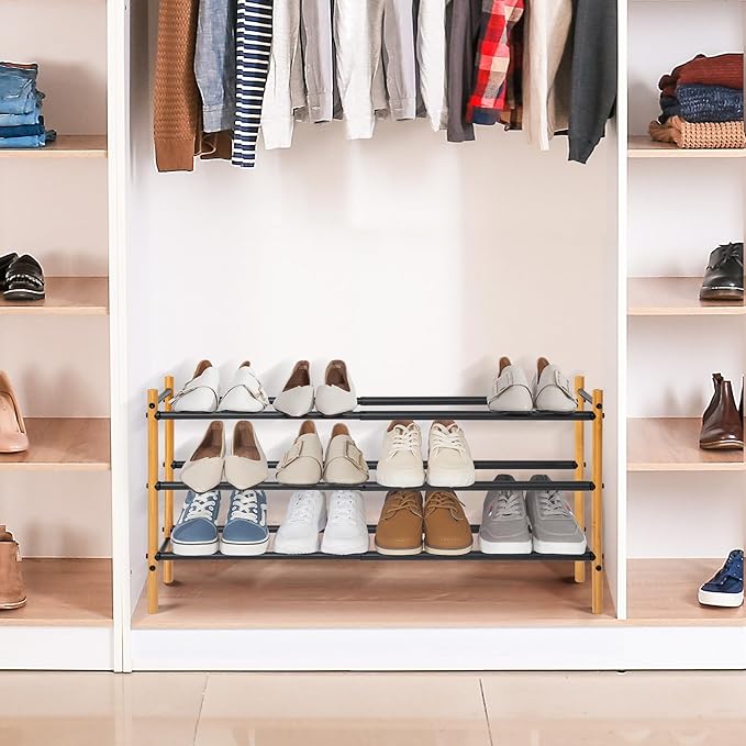 STORAGE MANIAC Expandable Shoe Rack, 16 Pairs Stackable Small Shoe Rack, Metal Adjustable Shoes Organizer for Closet, Entryway, Hallway, Garage, Front Door, Shoes Shelves, Bamboo 4 Tier-NeatNest