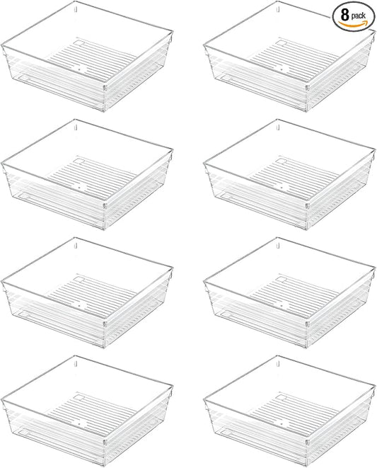 Backerysupply Clear Plastic Drawer Organizer Tray for Vanity Cabinet (6"×6"×2"，Set of 8),Storage Tray for Makeup, Kitchen Utensils, Jewelries, and Gadgets…-NeatNest