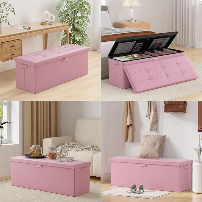 DocSafe Storage Ottoman Bench, Fireproof＆Waterproof Folding Bench with Lock(15”x 43”x15”), Leather Storage Chest with Handles＆2 Extra Boxes, Ottoman Safe for Bedroom,Living Room,Home Office, Pink-NeatNest