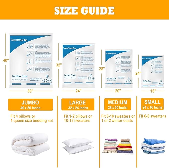 Vacuum Storage Bags 8 Large, Plastic Packaging Bags,Space Saver Sealer Bags, Airtight Compression Bags for Clothes, Pillows, Comforters, Blankets, Bedding-NeatNest