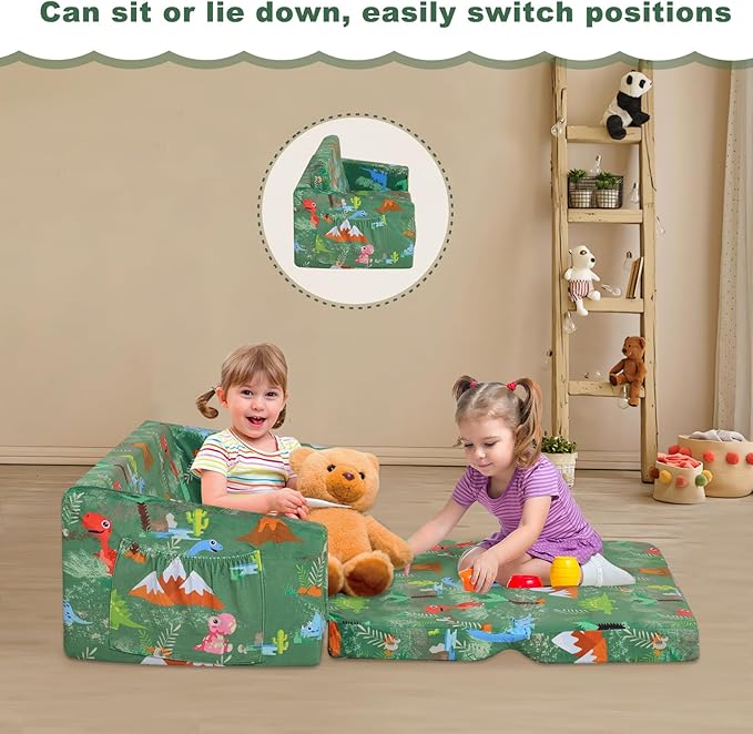 Foam Kid Sofa Couch, 2 in 1 Convertible Sofa to Bed for Baby,Velvet Toddler Sofa Chair with Side Pocket for Kid Playing (W29.92) (Green)-NeatNest