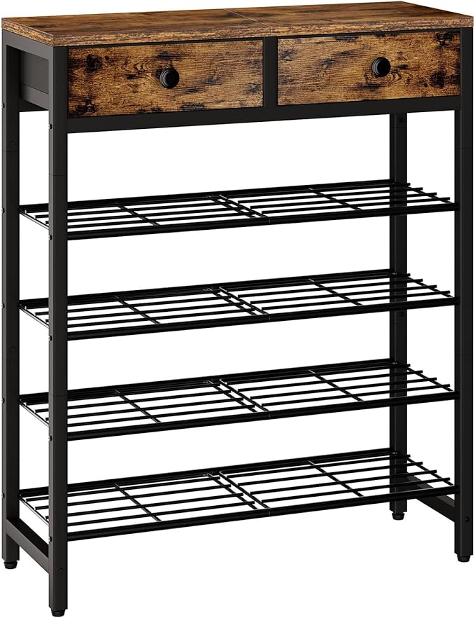 IBUYKE 5 Tier Shoe Rack, Metal Shoe Storage Organizer for 12-16 Pairs of Shoes, Modern Shoe Stand with 2 Drawers,Metal Shelf for Entryway Closet Bedroom, Rustic Brown TXJ041H-NeatNest