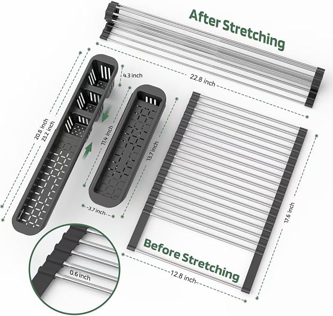 Extra Large Black Expandable Roll Up Dish Drying Rack,Over The Sink Kitchen Rolling up Dish Drainer, for Kitchen Sink Counter，Foldable Sink Cover with Removable Utensil Holder(Expandable Width Size)