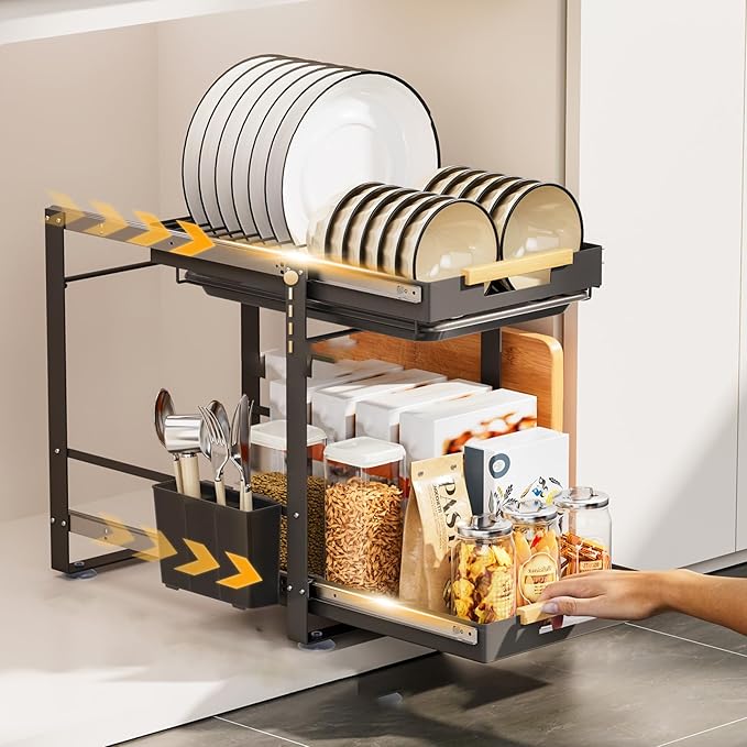 Under Sink Organizer,2 Tier Pull-Out Dish Rack Organizer for Cabinet,Slide out Storage Shelf with Utensil Holder for Cupboard,Under Cabinet Dish Drying Rack for Home, Kitchen, Pantry, Countertop-NeatNest