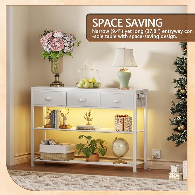 Furologee 38in Console Table with 3 Drawers, Small Sofa Table with Lights and Power Outlets, Hallway Tables with 3-Tier Shelves, White Narrow Console Table for Entryway, Living Room, Couch, Foyer-NeatNest