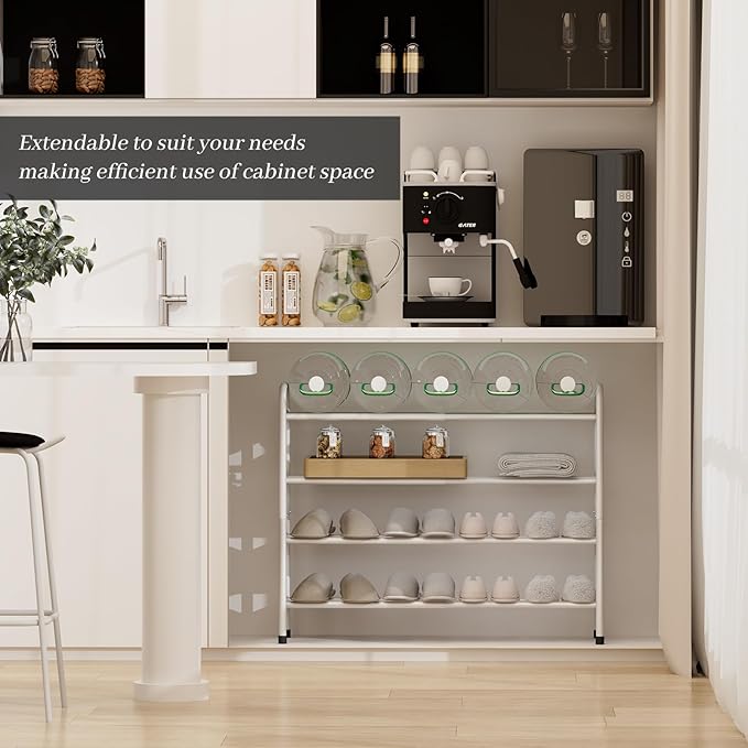 Expandable Shoe Rack, Adjustable Shoes Organizer Metal, Space-Saving Storage Shelf for Closet, Entryway, Front Door & Hallway,Sturdy and Easy Assembly (White, 4-Tier)