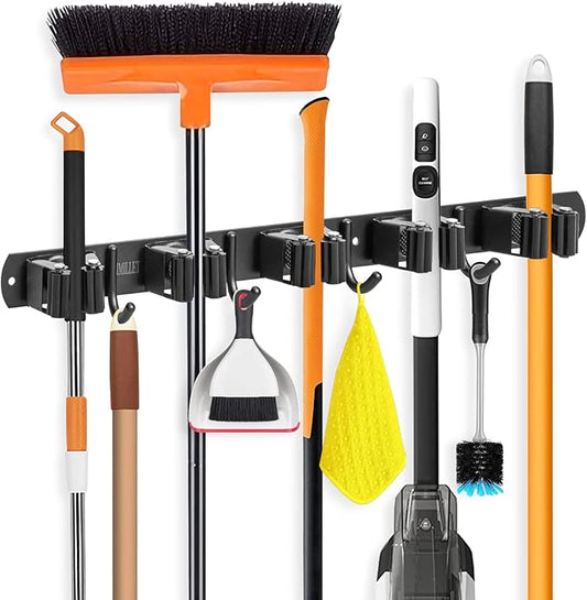 IMILLET Broom Holder Wall Mount, Broom Holder Stainless Steel Heavy Duty Garage Organization Broom Organizer Wall Mount Self Adhesive Laundry Room Organization and Storage（5 Racks and 4 Hooks）-NeatNest
