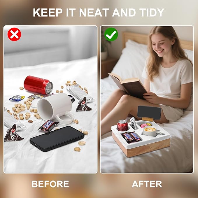 Couch Cup Holder Tray – Spill-Proof Wooden Sofa Arm Organizer with Silicone Insert for Snacks, Drinks, Remote, and Phone, Waterproof Couch Caddy for Bed, Car, RV, Living Room (White)-NeatNest