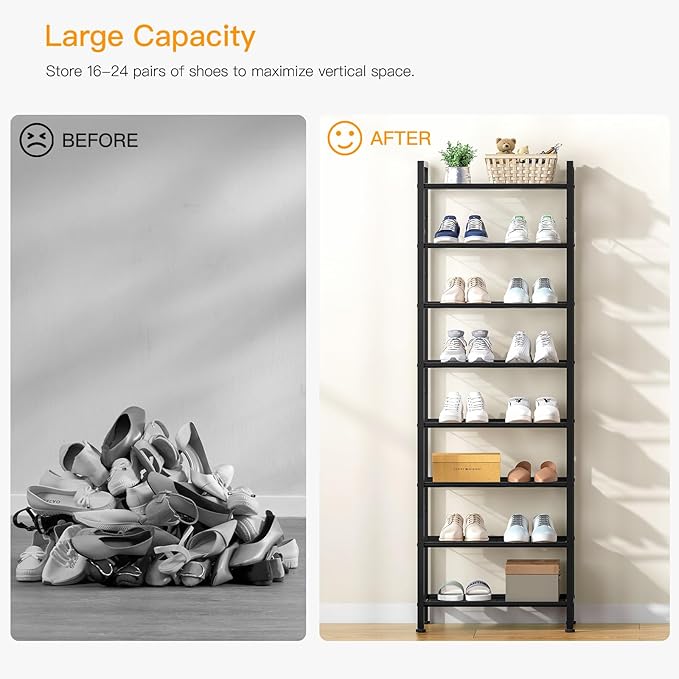 usikey 8 Tiers Narrow Shoe Rack 16-24 Pairs, Sturdy Metal Tall Shoe Rack with 4 Hooks, Slim Shoe Storage Organizer with Metal Shelf, Space Saving Vertical Shoe Shelf for Entryway, Closets, Black-NeatNest