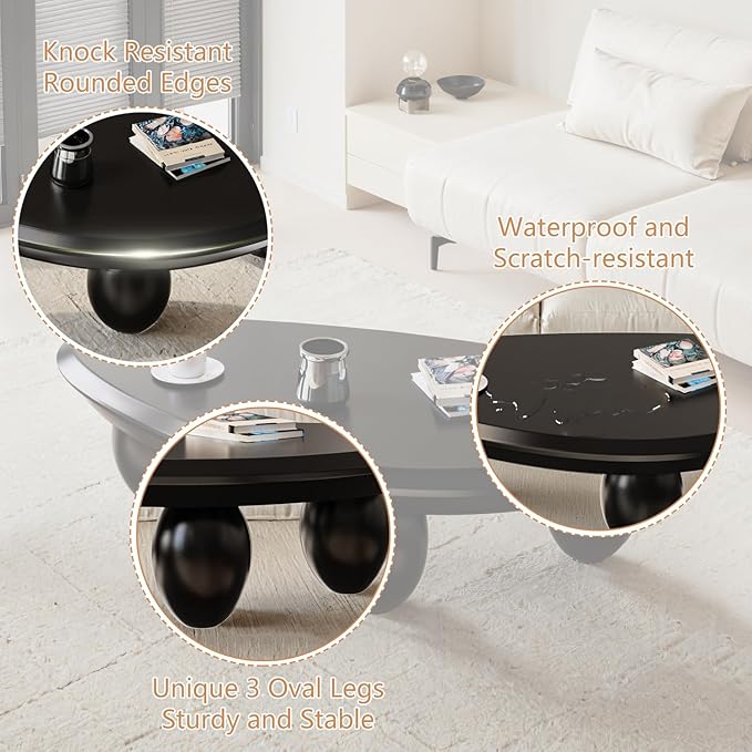 Irregular Coffee Table with 3 Oval Legs Cream White Live Edge Coffee Table Modern Cute Cloud Indoor Central Table Low Tea Table for Living Room Easy Assembly,Water Drop c Black 39.4"