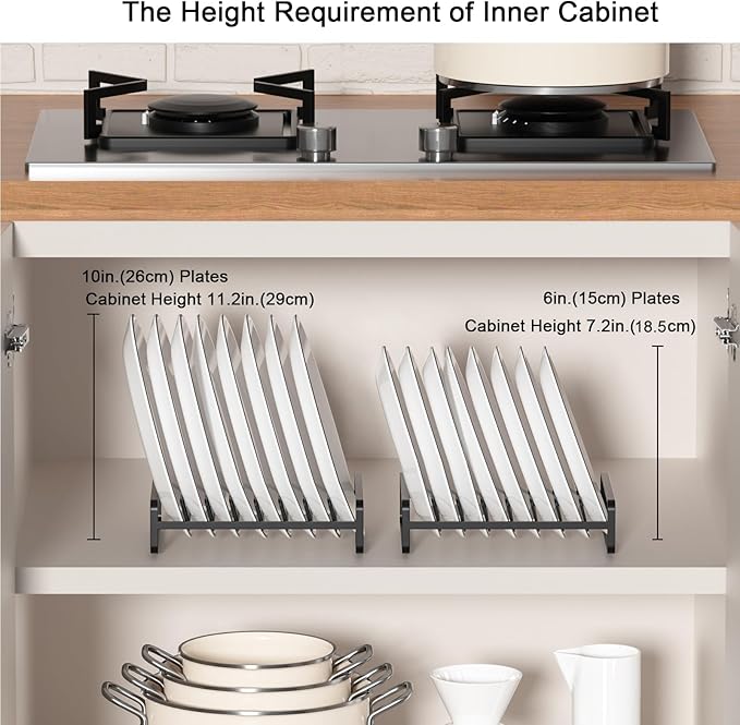 2 Pack Plate Holders Organizers 8 Slots Upright Cabinet Dish Drying Racks Metal Plate Stands (for 6In. 10In. Plates) Dish Organizers for Countertop and Cupboard(at Least 11.2in.Height) Black